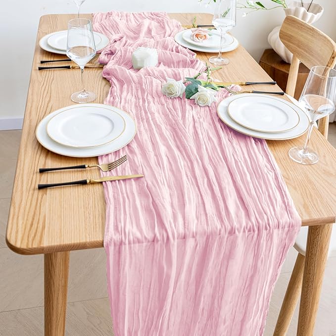 Wokceer Pink Cheesecloth Table Runner Spring 10FT Blushing Pink Boho Gauze Table Runner Easter for Party Wedding Sheer Runners for Baby Bridal Shower