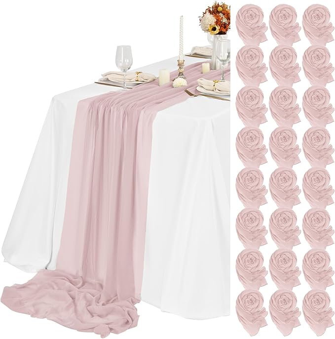 Teruntrue 24 Packs Pink Cheesecloth Table Runner,10ft Rustic Gauze Boho Wedding Table Runner Decoration, Wedding Table Decor Sheer Table Runner for Wedding Party Bridal Shower Table
