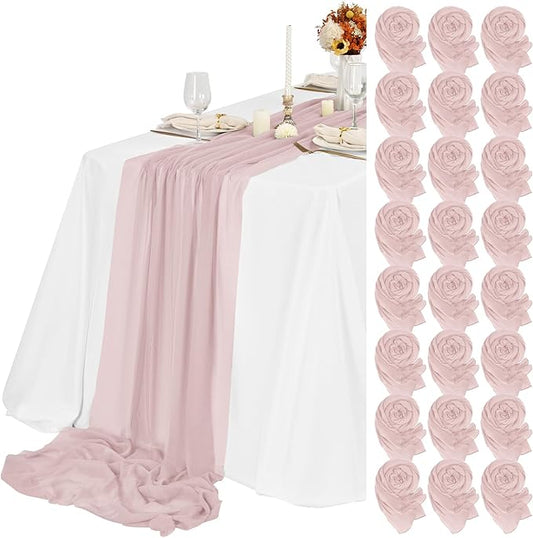 Teruntrue 24 Packs Pink Cheesecloth Table Runner,10ft Rustic Gauze Boho Wedding Table Runner Decoration, Wedding Table Decor Sheer Table Runner for Wedding Party Bridal Shower Table