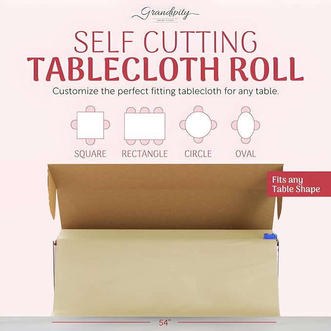 Grandipity Plastic Tablecloth Roll - 54in x 100 Ft. Beige Plastic Table Cloths for Parties Disposable with Cutter Box - Cut to Size Disposable Tablecloth Table Cover for Rectangle & Round