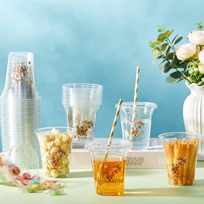 FoldTier 60 Set Baby Shower Party Plastic Cups Bulk 14 oz Disposable Clear Cups with Lids and Paper Straws for Baby Shower Bear Birthday Party Supplies Favor Decorations