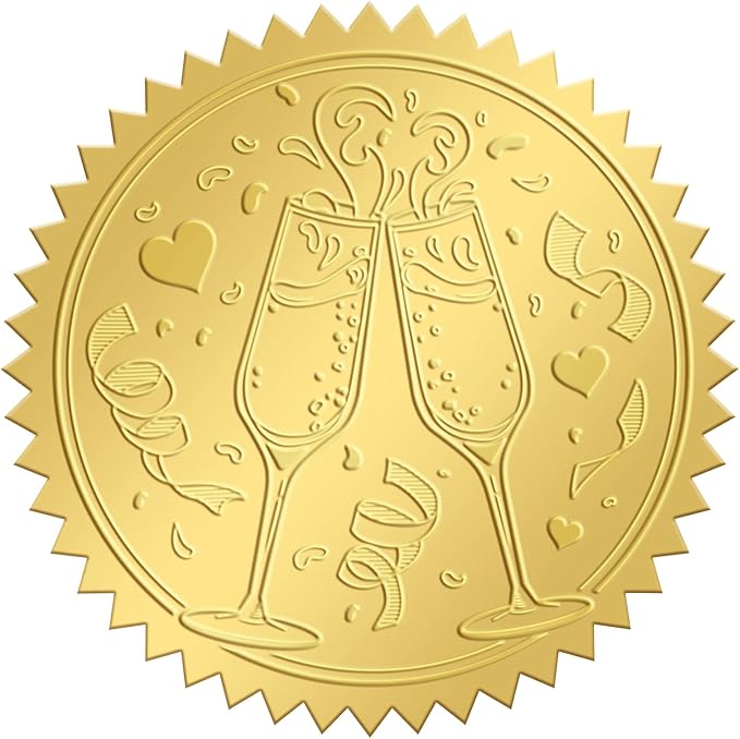 CRASPIRE 2 Inch Gold Embossed Envelope Seals Stickers Wine Glass 100pcs Round Adhesive Embossed Foil Seals Stickers Envelope Label for Wedding Invitations Party Gift Packaging Greeting Card