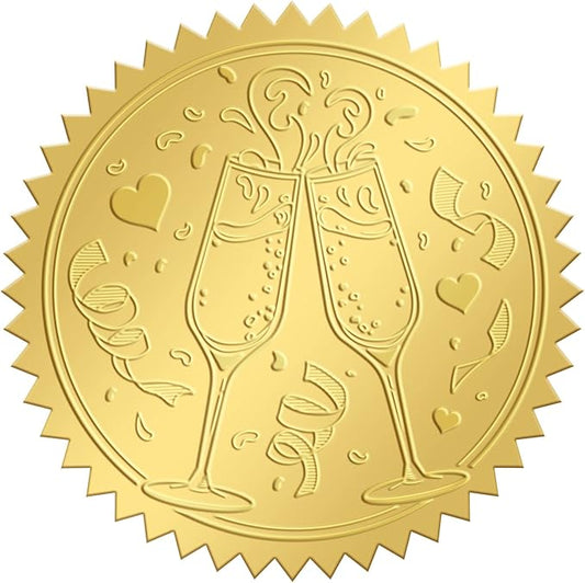 CRASPIRE 2 Inch Gold Embossed Envelope Seals Stickers Wine Glass 100pcs Round Adhesive Embossed Foil Seals Stickers Envelope Label for Wedding Invitations Party Gift Packaging Greeting Card