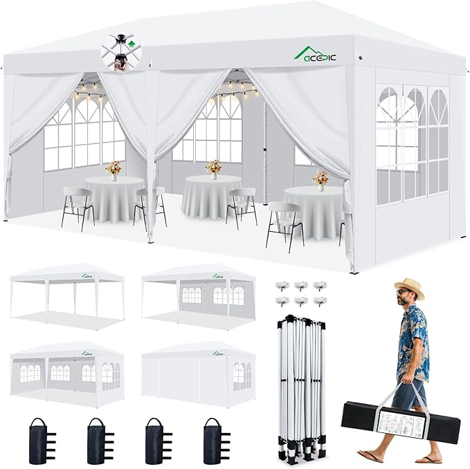 Acepic 10x20 Pop Up Canopy Tent with 6 Removable Sidewalls, 2 Central Lock Easy Set-up Outdoor Party Tent, Commercial Grade Waterproof Party Gazebo with Church Windows, White