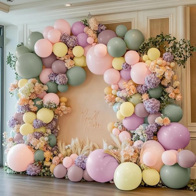 Dusty Green Pink Yellow Balloon Garland Double Stuffed Pastel Pink Yellow Haze Purple Green Floral Pastel Balloons Arch Kit for Birthday Wild Flower Tea Baby Shower Garden Party Decoration