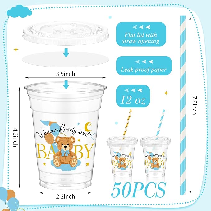 FoldTier 50 Pcs Baby Shower Party Supplies Disposable Plastic Cup 12 oz Blue Bear Cups Thick Clear Mug Blue Lids Straws Baby Shower Table Decorations Party Favors