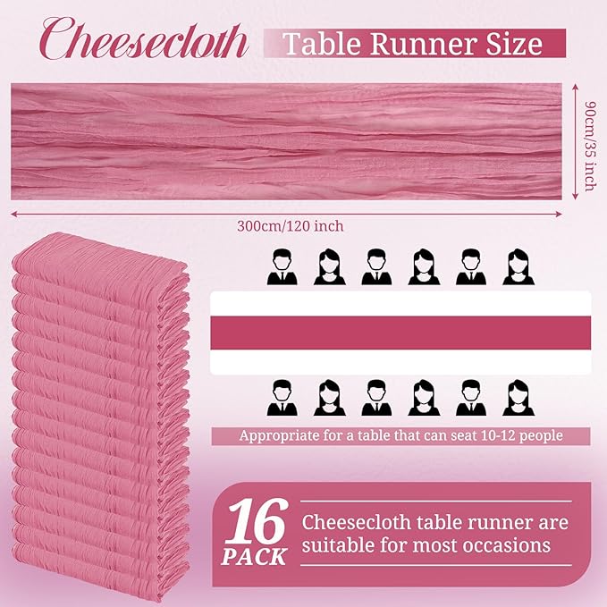 Pesonlook 16 Pack Cheesecloth Table Runner, 10Ft Boho Gauze Table Runner 35×120 Inch Rustic Romantic Long Table Runner for Wedding Party Bridal Shower Thanksgiving Christmas Decoration(Dusty Rose)