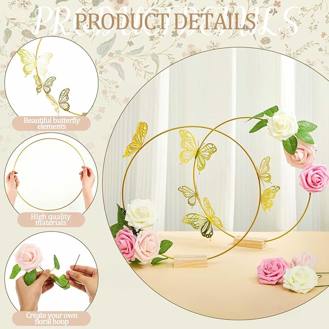 Vercraft 12 Set Butterfly Metal Floral Hoop Table Centerpieces, Metal Ring with 3D Butterfly Decor, PE Foam Flower, Adhesive Dot, Gold Wires for DIY Wedding Party(White, Pink, Pink,Round)