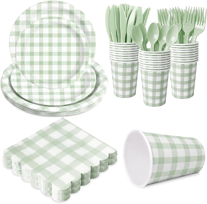 LINHAXM 175 Pcs Sage Green Gingham Party Supplies, Green Gingham Paper Plates, Cups, Napkins, Cutlery for Wedding Bridal Showe Birthday Baby Shower Party Decorations, Serves 25