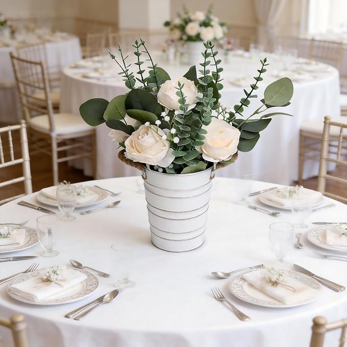6 PCS Wedding Flower Table Centerpieces - 10 Inches Artificial Floral Arrangement with Rustic Tall Metal Vase for Wedding Birthday Party Bridal Baby Shower Event Decorations - Champagne