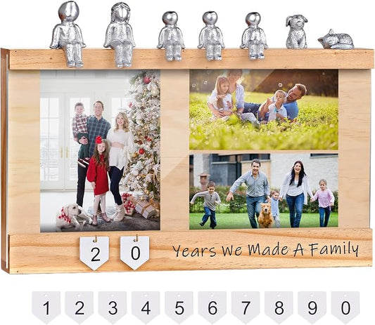 Anniversary Keepsake Box with Family Statue- Wooden Picture Frame for Cherished Keepsakes Storage，Anniversary or Wedding Gifts for Her/He (Pine)