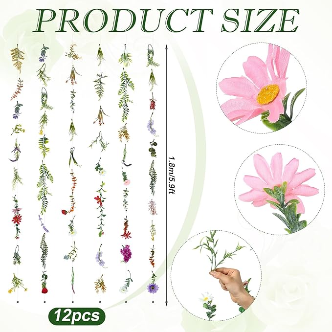 Suncalla 12 Pcs 70.8 ft Wildflower Garland Pre Strung Artificial Hanging Flower Vine Backdrop Decor from Ceiling Floating Silk Floral Garland for Garden Wedding Bridal Shower(Wildflower,Multicolor)