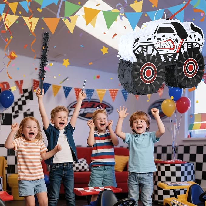 Monster Truck Dalmatian Pinatas Bundle with a Blindfold and a Bat (16 x 13 x 4 Inches), Perfect for Boys Birthday Parties, Dog Truck Decorations games