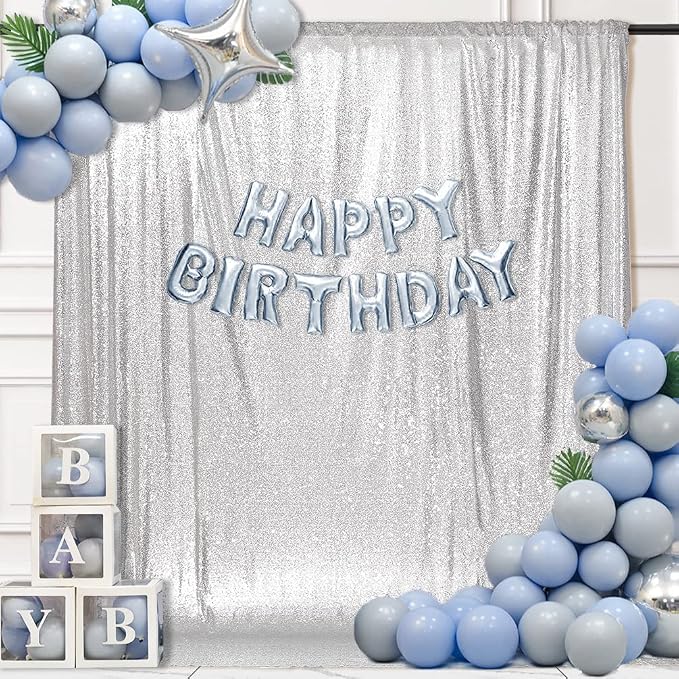 PartyDelight Silver Sequin Backdrop Curtains 6x8ft | 3mm stitched sequin curtain with 4 inch rod pocket for 6x8ft photo booth wall ceremony backdrop party wall and stage display