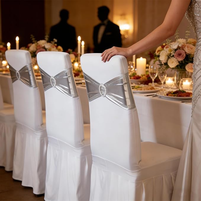 SquarePie 50 PCS Metallic Silver Spandex Chair Sashes - Shiny Stretch Bows with Buckle Slider - No-Tie Universal Elastic Chair Bands for Wedding Reception Party Banquet Event