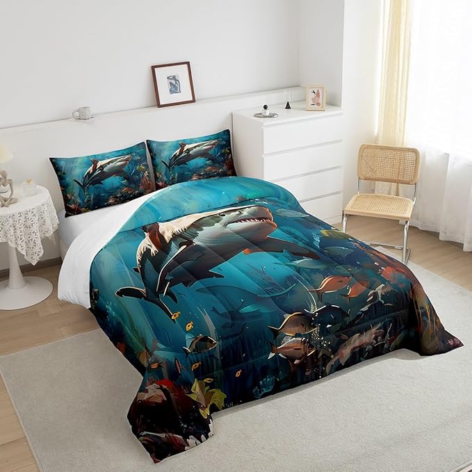 Feelyou Shark Comforter Set Queen Size Kids Marine Animals Comforter for Boys Girls Teens Cartoon Nautical Animals Bedding Set Underwater Animal Duvet Set Marine Life Sealife Quilt