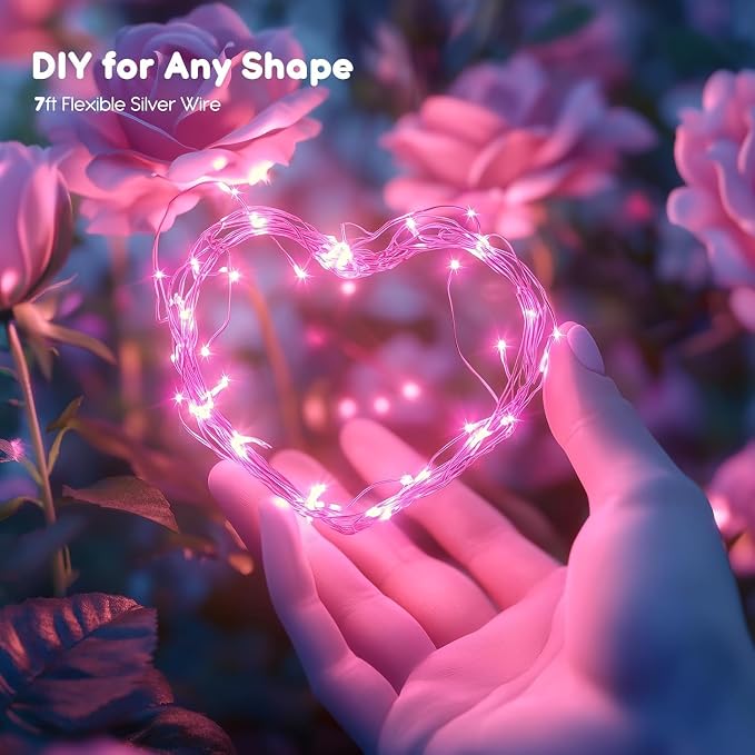 Brightown Valentine's Day 12 Pack Pink Led Fairy Lights Battery Operated String Lights Waterproof Silver Wire 7 Feet 20 Led Firefly Starry Moon Lights for DIY Wedding Party Bedroom