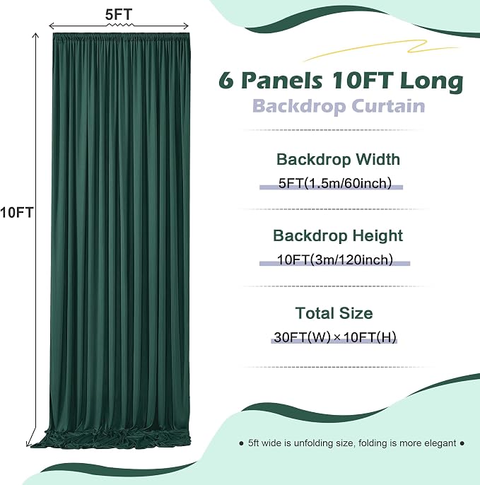 30ft x 10ft Wrinkle Free Hunter Green Backdrop Curtain for Jungle Parties, 6 Panels 5×10ft Soft Silky Green Polyester Photo Backdrop Drapes for Wedding Birthday Photography Christmas Background Cloth