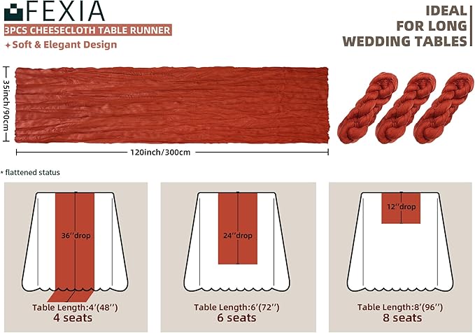 FEXIA 3 Pack Terracotta Table Runner 35x120 Inches for Baby Shower Decoration Gauze Rustic Table Runner for Wedding Party First Communion Centerpiece Engagement Bridal Shower Boho Decoration