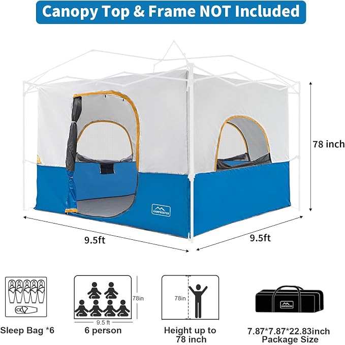 KAMPKEEPER Camping Inner Tent for Pop Up Canopy, Converts 10'x10' Straight Leg Canopy into Camping Tent–Fully Vented Roof(Top & Frame NOT Included) (Light Blue, Classic)