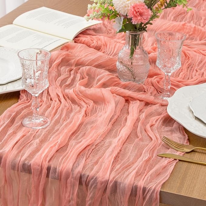 FEXIA Pink Cheesecloth Table Runner Spring Decor Easter Table Runner 35x120 Inches for Mother's Day Bridal Shower Tea Party Baby Shower Wedding Decor Table Centerpiece Decorations