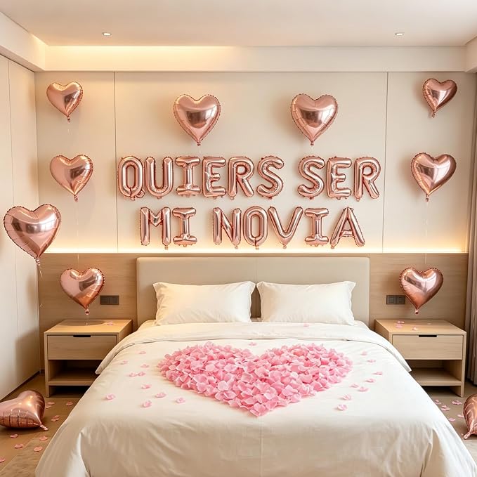 QUIERES SER MI NOVIA - 1200pcs Rose Gold Artificial Roses, 16" Letter Balloons, 18" Heart Balloons - Valentines Day Decorations