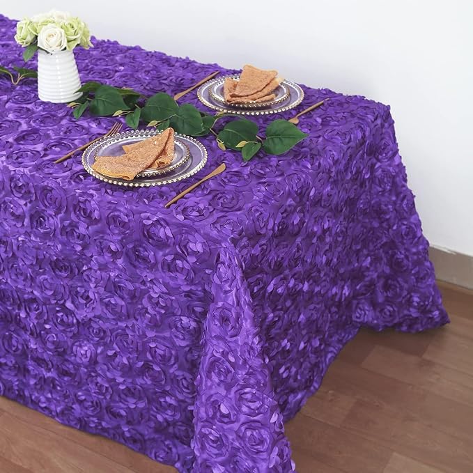 B-COOL Rosette Tablecloth 90x132 Inch Purple Rectangle Rose Wedding Tablecloth 3D Floral Satin Tablecloths for Ceremony Engagement Party Prom Table Decorations
