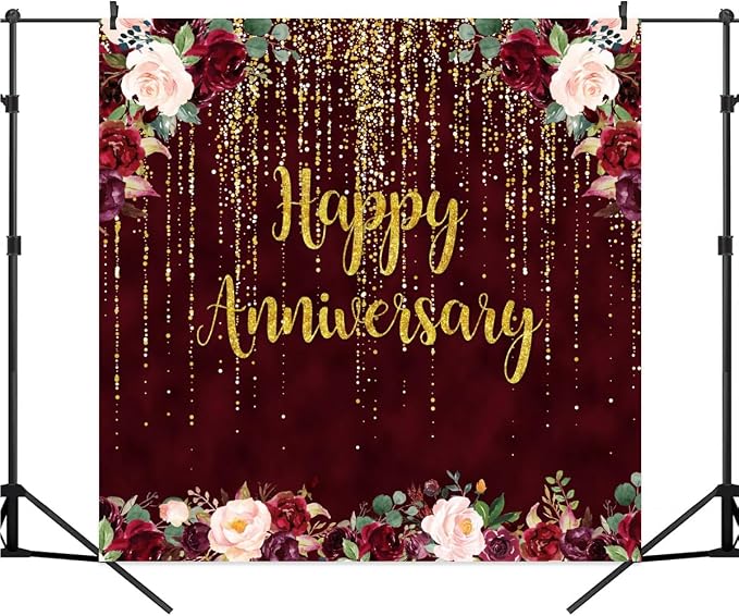 8x8ft Happy Anniversary Backdrop, Gold Glitter Burgundy Wedding Anniversary Photography Background 1st 40th 50th 65th Couple Wedding Women Birthday Floral Party Decorations Cake Table Decor