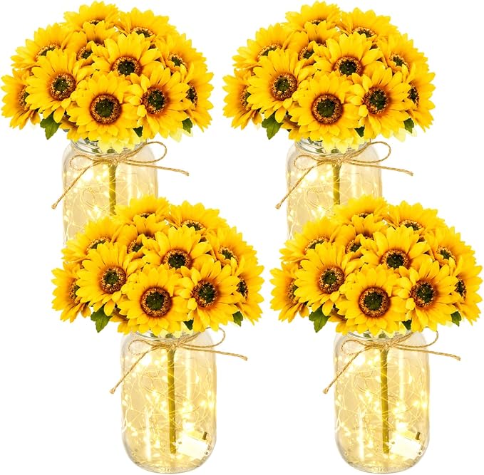 Mason Jar with Lights Decorative Centerpieces for Tables Mason Jars Flowers Decorations LED Farmhouse Vase for Home Wedding Event Party Decor(Sunflower,Yellow,4 Sets)