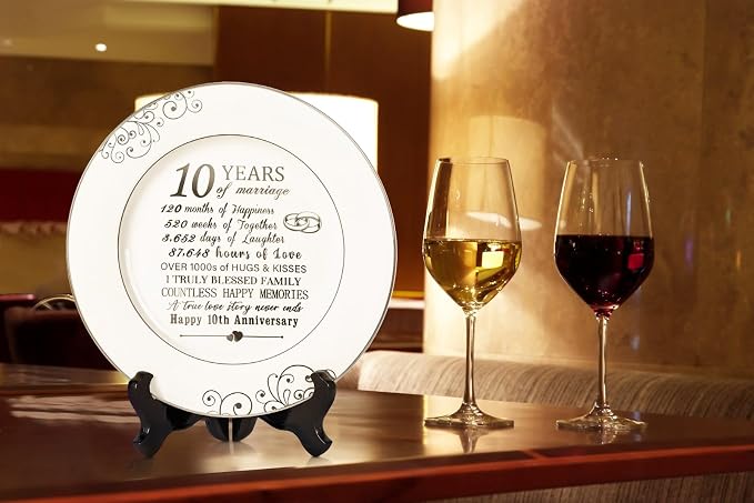 Urllinz 10th Anniversary Plate with Platinum Foil Decorations - 10 Year Wedding Tin Gifts for Her Couples Wife Him Husband, Ceramic 9"