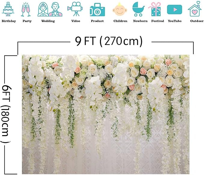 White Rose Floral Theme Photography Background 9x6ft Wedding Bridal Shower Wedding Flowers Photo Backdrops Baby Girl Birthday Party Portrait Dessert Cake Table Decor Photo Booth Studio Props Vinyl