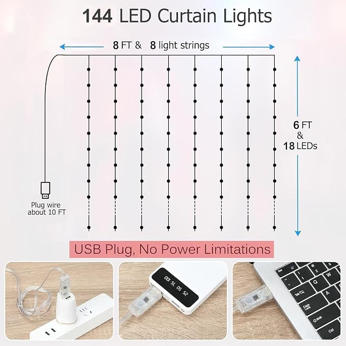 Fairy Curtain Lights 8ft x 6ft, 144 Warm White LED Twinkle Lights | USB Powered & Battery Box Operated Curtain String Lights Remote,Timer,Dimmable for Bedroom Wall Wedding Party Christmas Decor