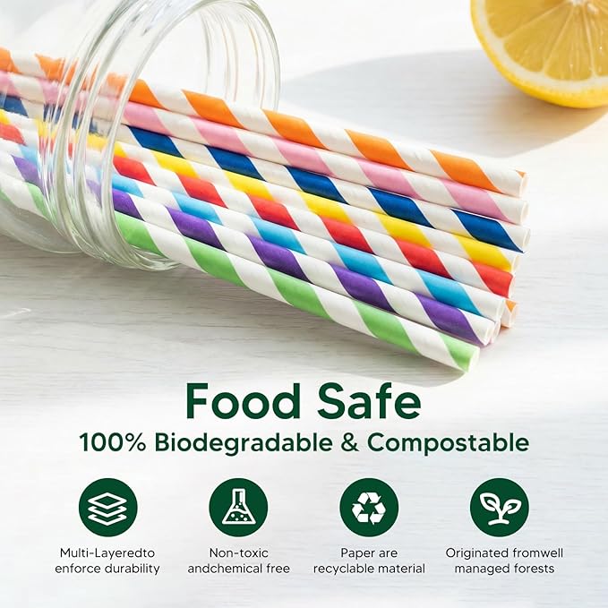 200 Striped Paper Straws(Stochastic), Biodegradable Drinking Colorful Straws Disposable for Birthdays, Coffee, Cocktail, Lemonade, Weddings, Bridal, Baby Shower, DIY Decorations, Party Supplies