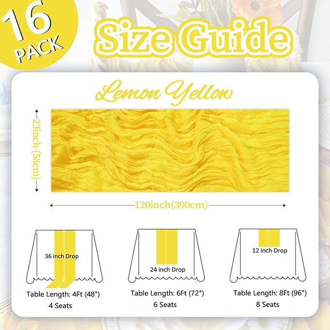 16 Pack Lemon Yellow Cheesecloth Table Runner 10ft Boho Gauze Fabric 120 Inch Cheese Cloth Table Runner Rustic Sheer for Holiday Baby Shower Party Décor Home Wedding Decoration