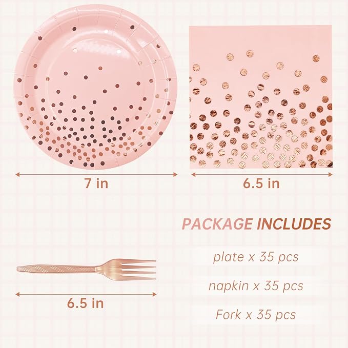 Serve 35 Guests Pink and Rose Gold Plates and Napkins Party Supplies,7 Inch Happy Birthday Pink Paper Plates Disposable for Bridal Showers Birthday Wedding