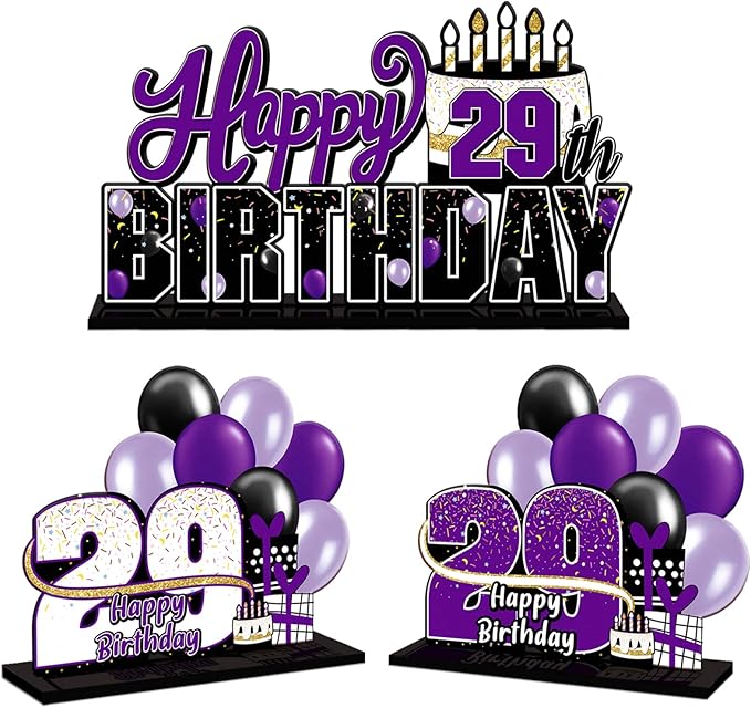 LINGTEER Happy 29th Birthday Purple Acrylic Table Topper Centerpieces Set - Cheers to 29 Years Old Birthday 29th Bday Party Gift Decorations.