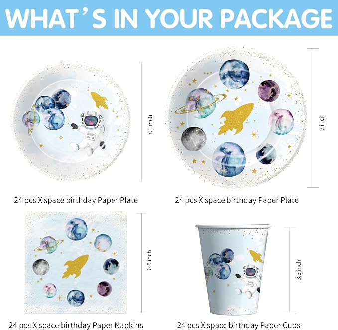 Space Theme Party Supplies For Boy - Galaxy Outer Space Planet Astronauts Party Decorations for Birthday Baby Shower, Paper Plate, Cup, Napkin, Tablecloth, Tableware | Serves 24