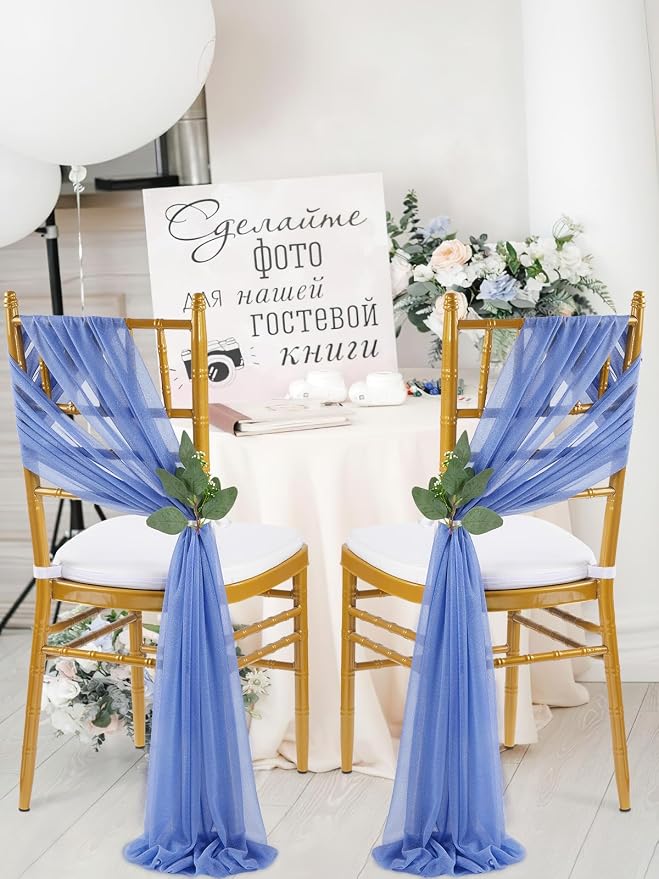 QueenDream Dusty Blue Chair Sashes Decorations: 16 Packs Wedding Aisle Draping Fabric Wedding AisleSheer Church Chair Cover Bulk for Baby Shower Party Banquet