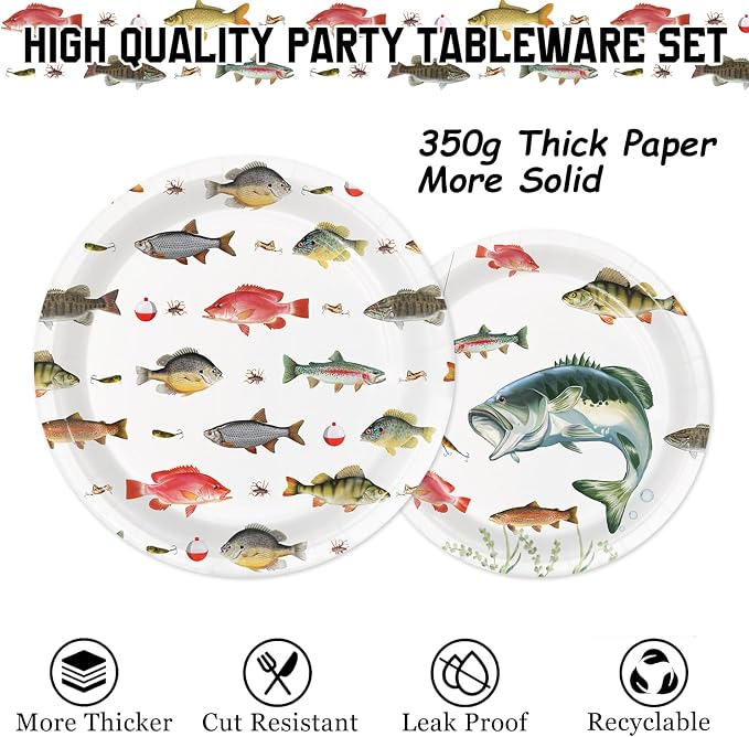 170PCS Fishing Birthday Party Decorations Gone Fishing Party Decorations Include Plates, Cups, Cutlery, Banner, Tablecloth for Ofishally One Birthday Decorations