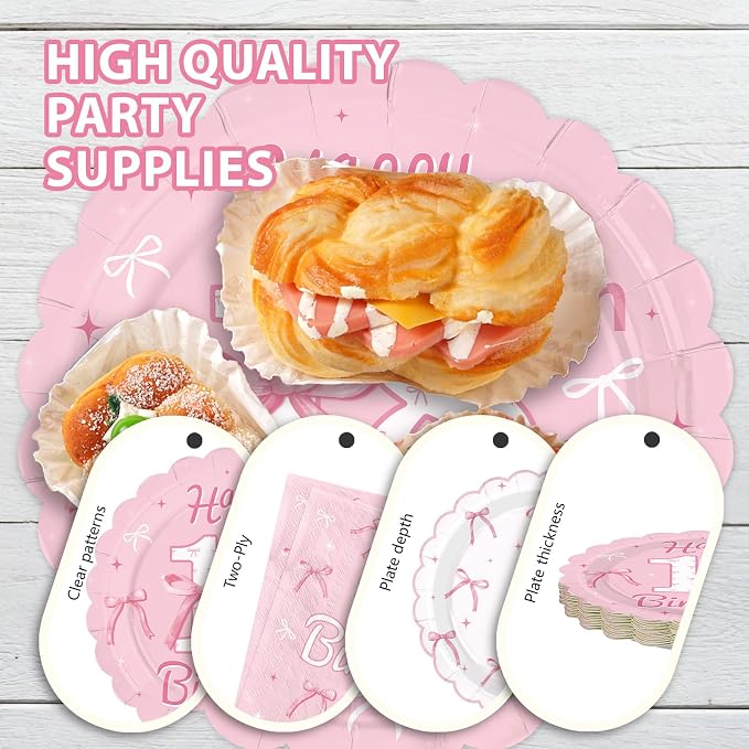 96Pcs Pink Bow Party Supplies Coquette 18th Birthday Party Plates and Napkins Disposable Bow Themed Tableware Set for Girl Happy 18th Birthday Graduation 2026 Decorations, Serves 24