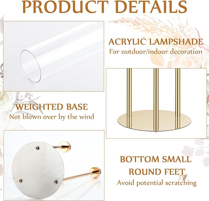 Layhit 6 Set Wedding Gold Candelabra Centerpieces for Tables, 3 Arm Tall Acrylic Candle Holder Centerpiece with Clear Shades for Reception, Party, Dining Decor, Anniversary, Fits 0.87" LED Candles