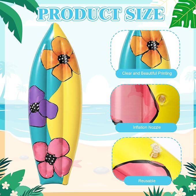 JellyArch 4 Pcs Hawaiian Inflatable Surf Board 36 Inch Inflatable Luau Hawaiian Pool Party Decorations Frangipani Tropical Blow up Surfboard Pool Float Palm Tree for Wall Birthday Beach Party Decor
