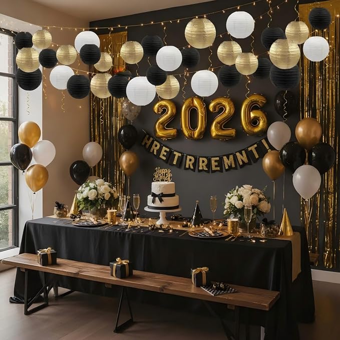 CC wonderland zone 12pcs Black Gold White Hanging Paper Lanterns,Round Paper Lanterns for Birthday,New Year,Wedding,Party,Home Ceiling Decoration