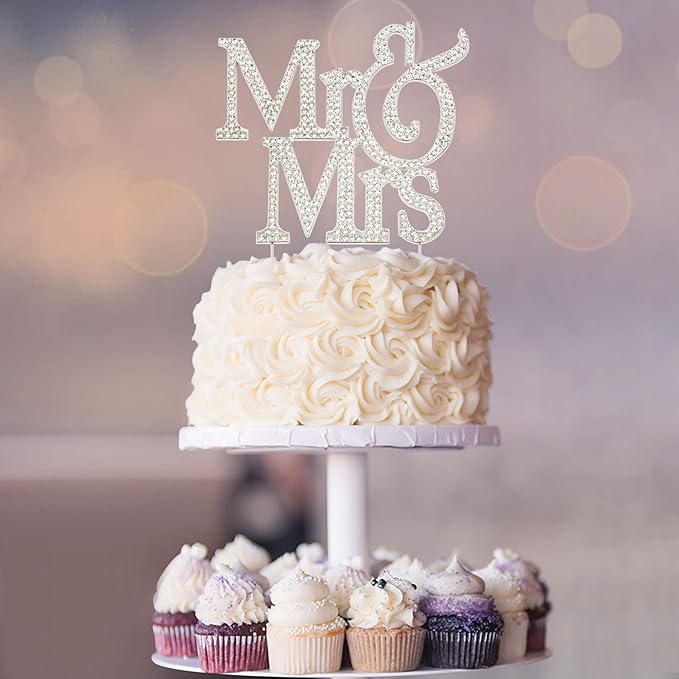 Mr and Mrs Wedding Cake Topper - Premium Silver Metal - Sparkly Wedding or Anniversary Cake Topper - Now Protected in a Box