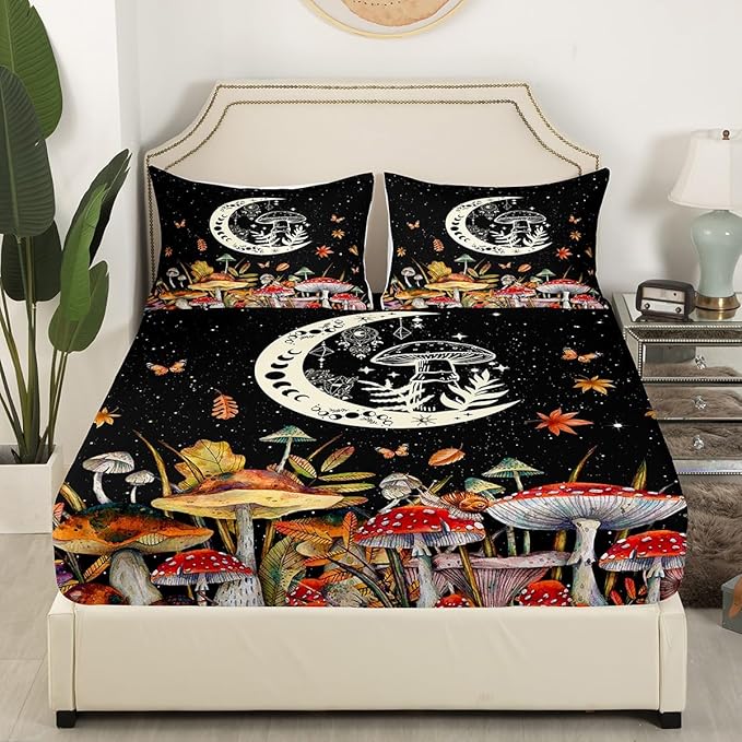Watercolor Mushroom Bed Sheet Cartoon Moon Cute Dreamcatcher Exotic Sheet Set for Kids Teens Adults Wild Butterfly Leaves Starry Galaxy Bedding Set with Flat,Fitted Sheet,2 Pillowcases Queen Size