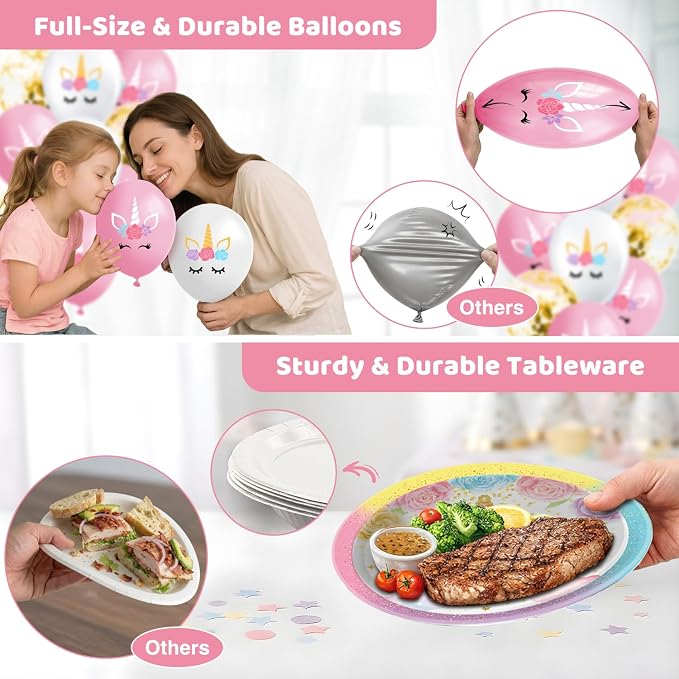 Unicorn Birthday Decorations, Unicorn Party Decorations, Rainbow Birthday Decor for Girls, Includes Plates, Cups, Napkins, Banner, Tablecloths, Balloons, Cupcake&Cake Topper serve 24 Guests
