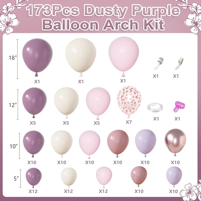 Amandir 173Pcs Dusty Purple Balloon Arch Garland Kit, Double-stuffed Pink White Sand Lavender Lilac Light Purple Rose Gold Confetti Balloons for Bridal Shower Wedding Birthday Party Decorations