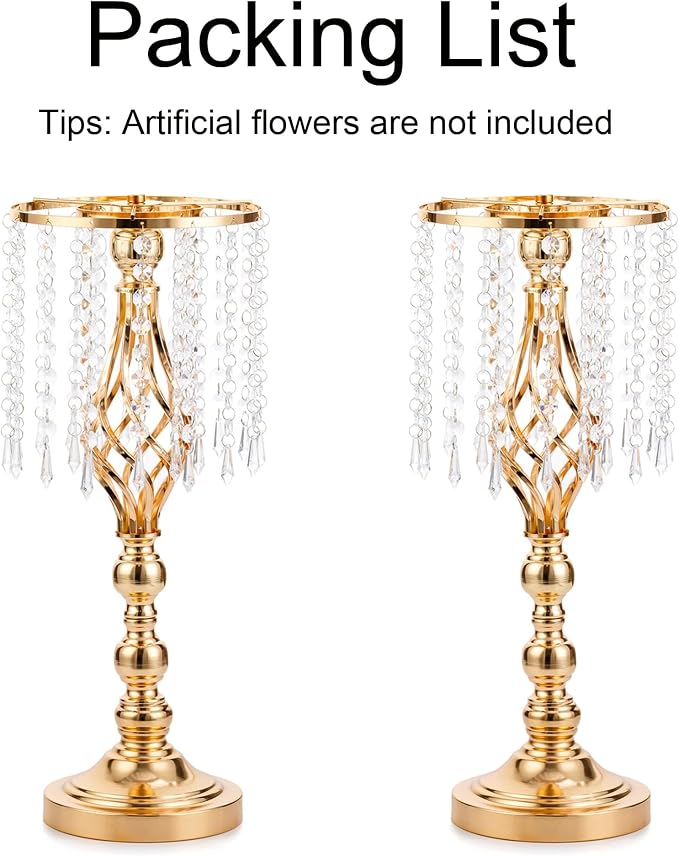Gold Vases Centerpieces for Table: 19.3" Tall Flower Stand with Crystal Patent for Wedding Center Piece Party Event Set of 2