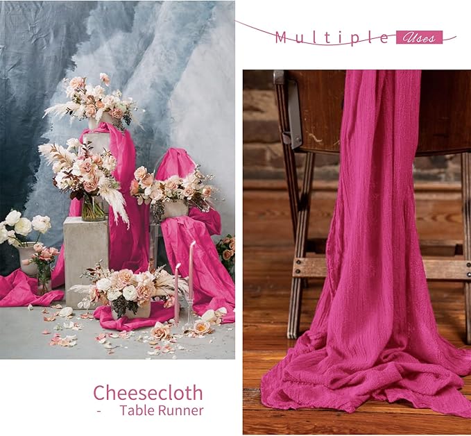Showgeous 10 Pack Hot Pink Cheesecloth Table Runner, 10FT Long Semi-Sheer Boho or Rustic Gauze Table Runner Wedding Table Decor for Wedding Decor Arch Draping Bridal Shower Holiday Party