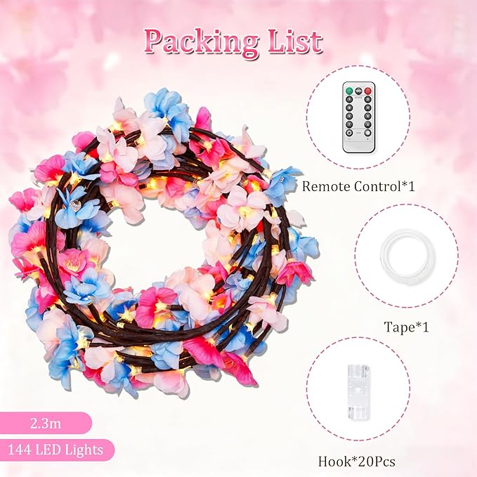 7.55 FT 144 LED Cherry Blossom Tree Branch Lights for Wall,8 Modes Artificial Pink Cherry Blossom Garland with Remote and Timer,Willow Vine Lights (144 LED Three-Color Cherry Blossom)